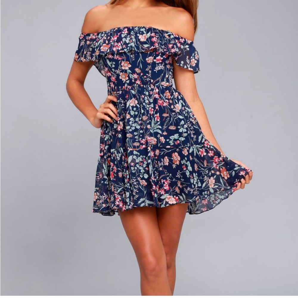 Lulu's My Favorite Navy Blue Floral Off-the-Shoulder Dress